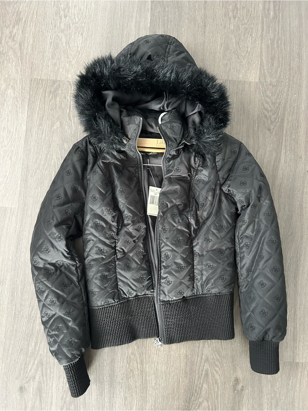 Guess Black Quilted Hooded Puffer Jacket with Faux Fur Trim
